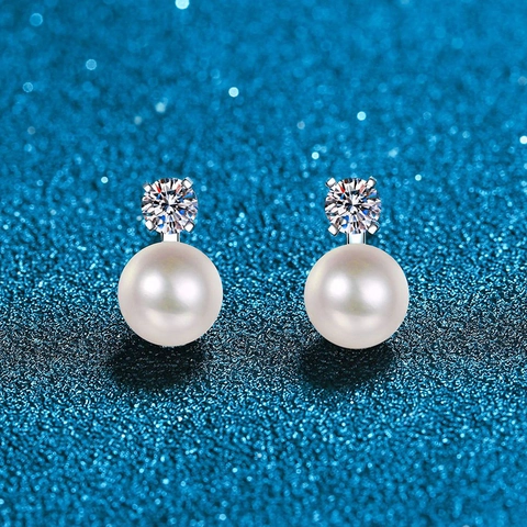 S925 Sterling Silver Moissanite Pearl Stud Earrings For Women Elegant Round White Artificial Pearl Rhinestone Jewelry Gift