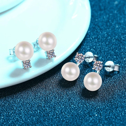S925 Sterling Silver Moissanite Pearl Stud Earrings For Women Elegant Round White Artificial Pearl Rhinestone Jewelry Gift