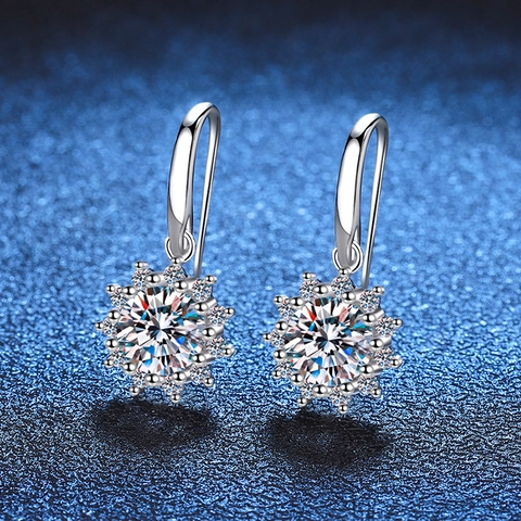 925 Sterling Silver Moissanite Sunflower Ear Hooks Elegant Round Cut Halo Dangle Earrings For Women Sparkling Fine Jewelry Gift