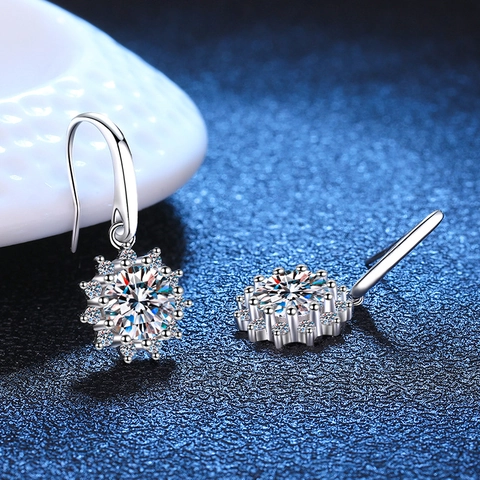925 Sterling Silver Moissanite Sunflower Ear Hooks Elegant Round Cut Halo Dangle Earrings For Women Sparkling Fine Jewelry Gift