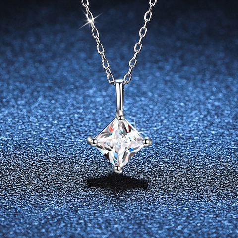 925 Sterling Silver Princess Cut Moissanite Pendant Necklace Elegant Square Rhinestone Chain Necklace For Women Jewelry