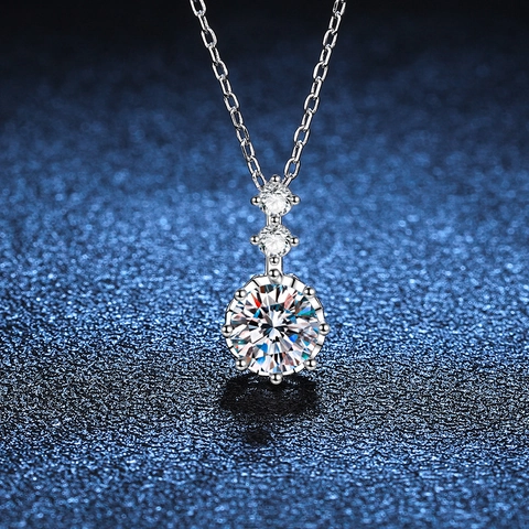 925 Sterling Silver 1 Carat Moissanite Pendant Necklace For Women Six Prong Three Stone Vertical Dainty Chain Jewelry Gift