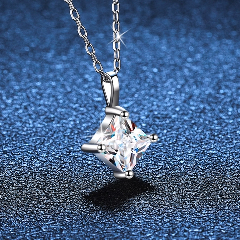925 Sterling Silver Princess Cut Moissanite Pendant Necklace Elegant Square Rhinestone Chain Necklace For Women Jewelry
