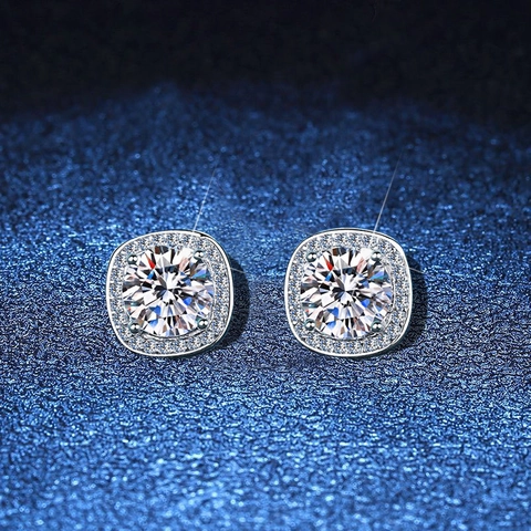 Square Halo Moissanite Stud Earrings With 925 Sterling Silver Earring Post Round Cut Elegant Jewelry For Women