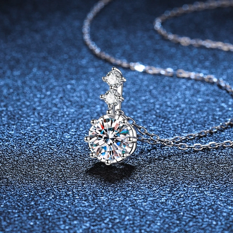 925 Sterling Silver 1 Carat Moissanite Pendant Necklace For Women Six Prong Three Stone Vertical Dainty Chain Jewelry Gift