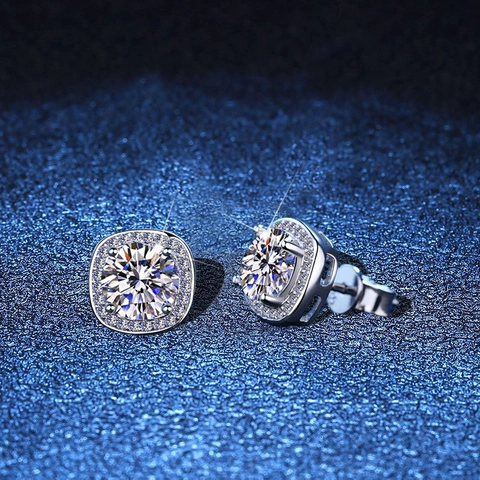 Square Halo Moissanite Stud Earrings With 925 Sterling Silver Earring Post Round Cut Elegant Jewelry For Women