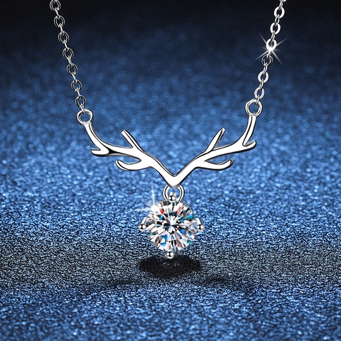 Collar de Colgante de Moissanita de Asta de Reno de Plata de Ley 925 Elegante Cadena de Clavícula de Circonia Joyería para Mujer