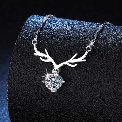 Collar de Colgante de Moissanita de Asta de Reno de Plata de Ley 925 Elegante Cadena de Clavícula de Circonia Joyería para Mujer