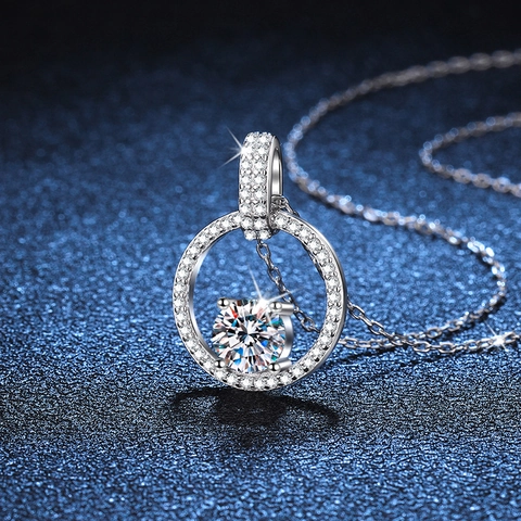 925 Sterling Silver Moissanite Pendant Necklace For Women Elegant Halo Micro Pave Geometric Round Jewelry Fashion Gift