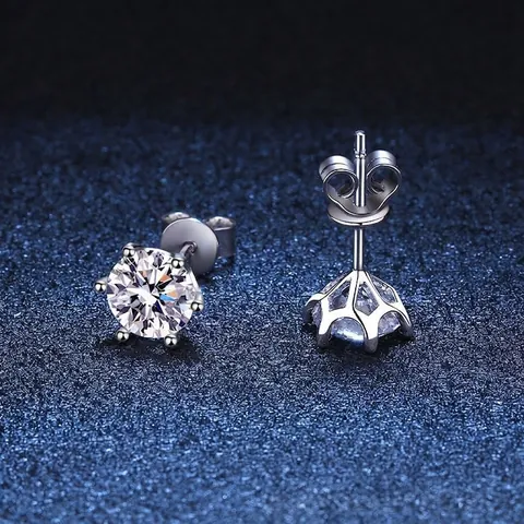 925 Sterling Silver Six Claw Moissanite Stud Earrings For Women Round Cut D Color Screw Back Classic Ear Jewelry Gift