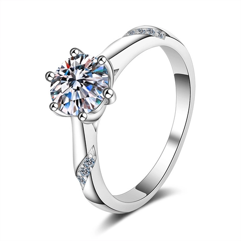 Classic Six-Prong 925 Sterling Silver Moissanite Ring Platinum Plated Round Brilliant Cut Wedding Engagement Solitaire Ring For Women