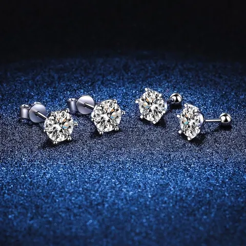 925 Sterling Silver Six Claw Moissanite Stud Earrings For Women Round Cut D Color Screw Back Classic Ear Jewelry Gift