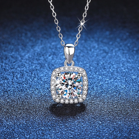 925 Sterling Silver Moissanite Zirconia Square Halo Pendant Necklace For Women Round Brilliant Cut Elegant Jewelry Gift