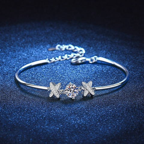Bracciale in Argento Sterling 925 con Moissanite da Donna Design con Fiocco Strass Scintillanti Braccialetto Regolabile Regalo Gioielli