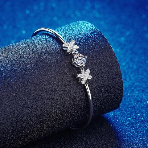 Bracciale in Argento Sterling 925 con Moissanite da Donna Design con Fiocco Strass Scintillanti Braccialetto Regolabile Regalo Gioielli