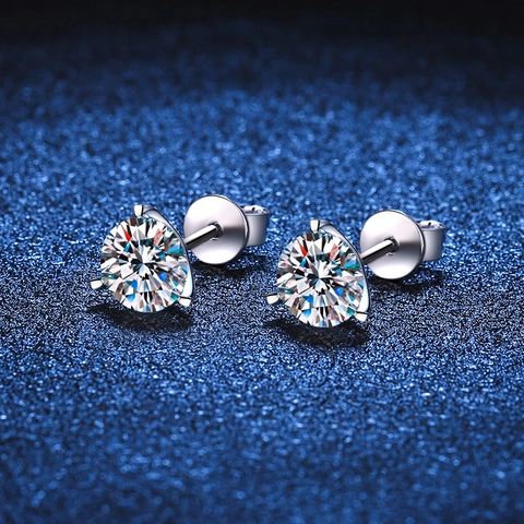Classic 925 Sterling Silver Moissanite Stud Earrings For Women Three Prong Round Cut D Color Moissanite Rhinestone Ear Jewelry