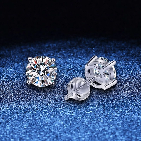 Pendientes de Botón de Moissanita de Plata de Ley 925 Color D Cuatro Garras Redondos Cierre de Rosca Joyería Unisex Caja de Regalo