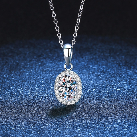 925 Sterling Silver Moissanite Necklace Elegant Oval Cut Halo Pendant White Gold Plated Geometric Necklaces For Women Jewelry
