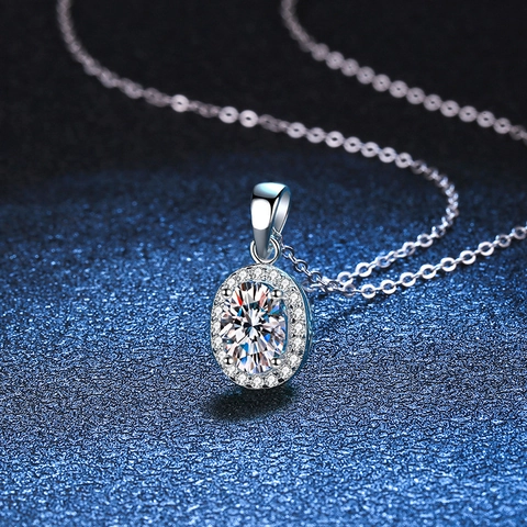 925 Sterling Silver Moissanite Necklace Elegant Oval Cut Halo Pendant White Gold Plated Geometric Necklaces For Women Jewelry