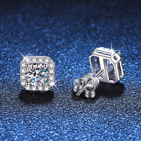 Square Halo Moissanite Stud Earrings With 925 Sterling Silver Earring Post Sparkling Rhinestone Wedding Jewelry For Women