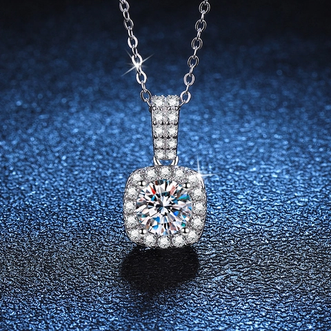 925 Sterling Silver Square Halo Pendant Necklace D Color Round Moissanite Rhinestone Geometric Chain Fine Jewelry For Women