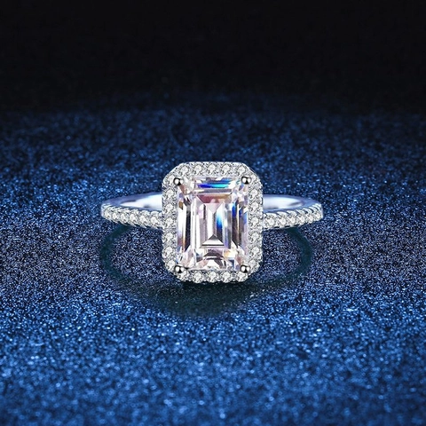 Anillo de Plata de Ley 925 Moissanita para Mujer Corte Esmeralda Radiante Halo Pavé Joyería de Boda