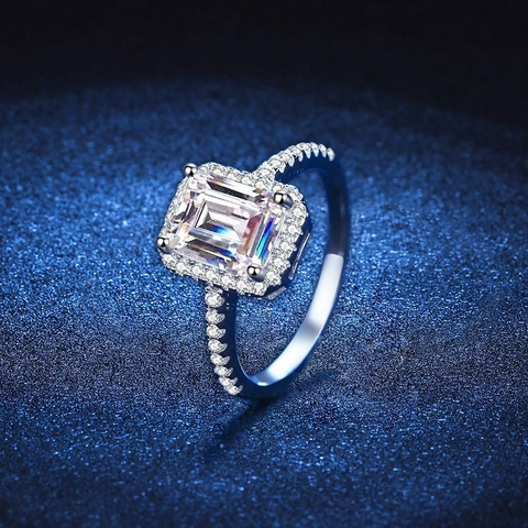 Anillo de Plata de Ley 925 Moissanita para Mujer Corte Esmeralda Radiante Halo Pavé Joyería de Boda