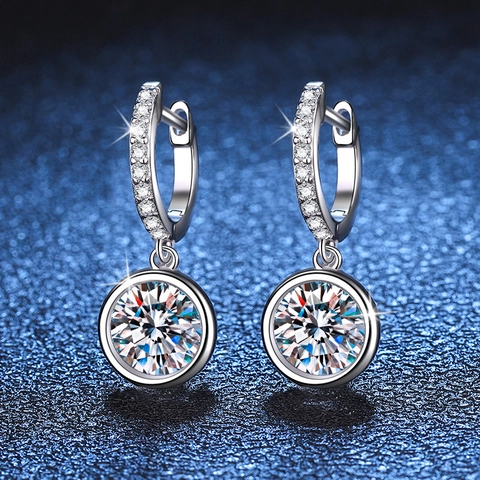 Pendientes Colgantes de Plata de Ley S925 con Moissanita para Mujer Corte Redondo Brillante Joyería Aros con Cierre de Palanca