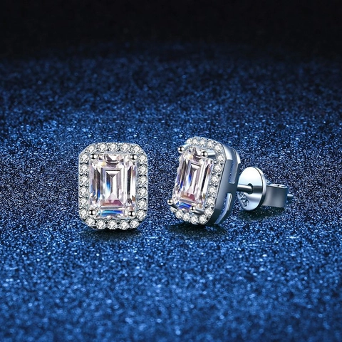 Pendientes de Botón de Plata de Ley S925 Con Moissanita para Mujer Corte Esmeralda Radiante Color D Halo Joyería Lujo