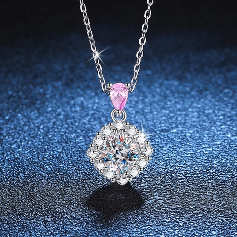925 Sterling Silver Moissanite Pendant Necklace Elegant Cushion Cut Red Accent Rhinestone Jewelry For Women Anniversary Gift
