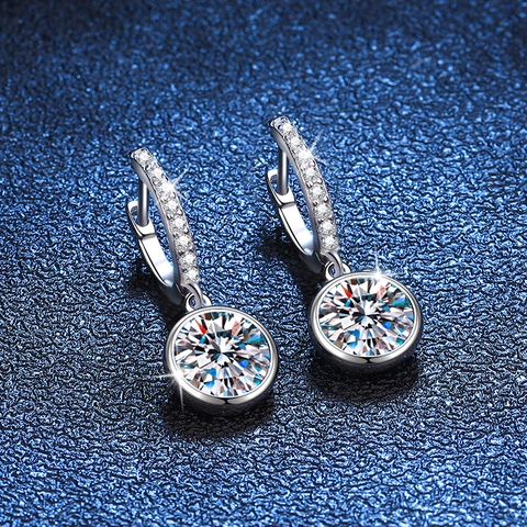Pendientes Colgantes de Plata de Ley S925 con Moissanita para Mujer Corte Redondo Brillante Joyería Aros con Cierre de Palanca