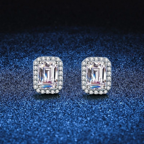 Pendientes de Botón de Plata de Ley S925 Con Moissanita para Mujer Corte Esmeralda Radiante Color D Halo Joyería Lujo