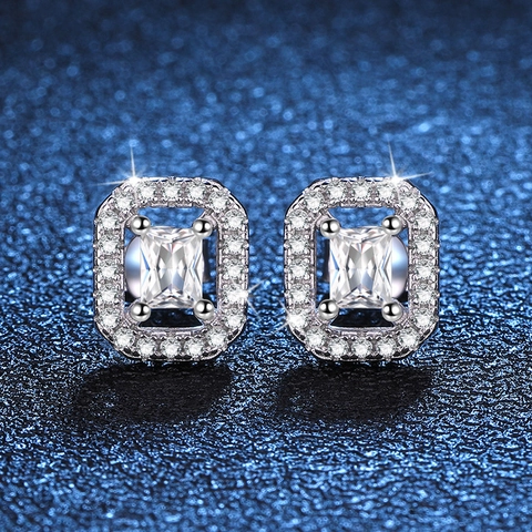 Pendientes de Botón Halo de Plata de Ley 925 Moissanita Lujo Rectangular Diamantes de Imitación Platinados para Mujer Joyería