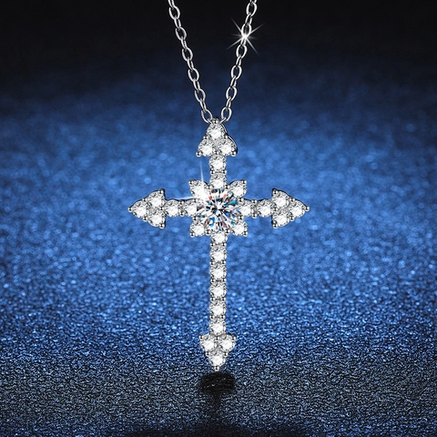 Collana con Pendente a Croce in Argento Sterling S925 Moissanite Strass Gioielli di Moda Regalo per Unisex