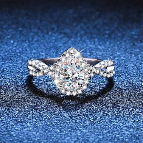 Luxuriöser 925 Sterlingsilber Moissanit Ring Für Damen Birnenform Wassertropfen Halo Verlobungsring 1ct Moissanit Gedrehtes Band Schmuck