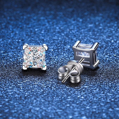 925 Sterling Silver Princess Cut Moissanite Stud Earrings For Women 1 Carat Square Lab Diamond Earrings With GRA Certificate