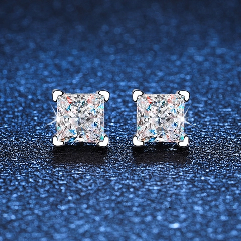 925 Sterling Silver Princess Cut Moissanite Stud Earrings For Women 1 Carat Square Lab Diamond Earrings With GRA Certificate