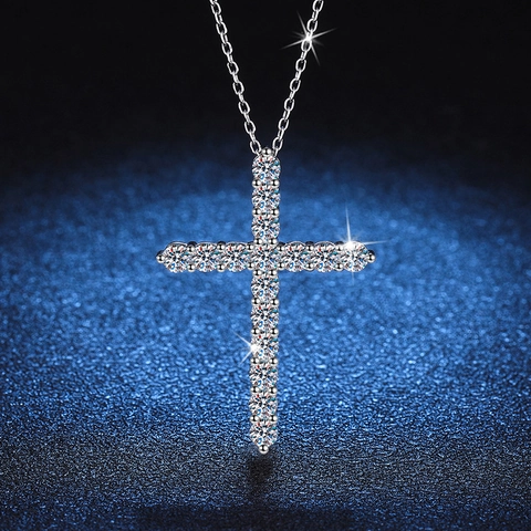 Collar con Colgante de Cruz de Plata de Ley 925 Moissanita Diamante Color D Incrustado Joyería para Mujer Regalo de Boda Cumpleaños