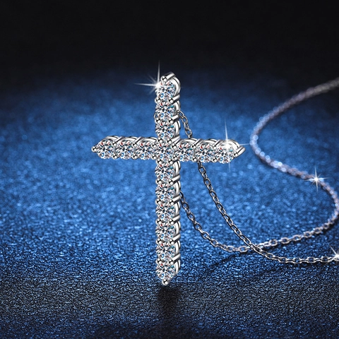 Collar con Colgante de Cruz de Plata de Ley 925 Moissanita Diamante Color D Incrustado Joyería para Mujer Regalo de Boda Cumpleaños