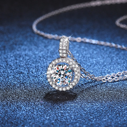 Eleganter 925er Sterlingsilber Moissanit Halskette Brillant Rund Halo Anhänger Halsketten Für Hochzeit Party Schmuck Damen Geschenk