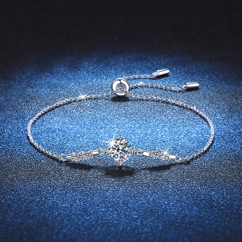 925 Sterling Silver Moissanite Bracelet For Women Adjustable Slider Round Brilliant Cut Four Prong Jewelry Gift