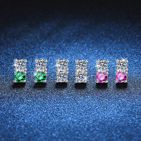 Classici Orecchini a Bottone in Argento Sterling 925 con Moissanite per Donna Orecchini Geometrici con Doppio Pietra Verticale e Quattro Griffe