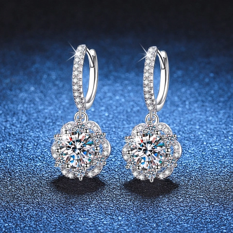 Pendientes de Gota de Flor de Plata de Ley 925 de Lujo para Mujer Moissanita Diamante de Imitación Boda Joyería Fina