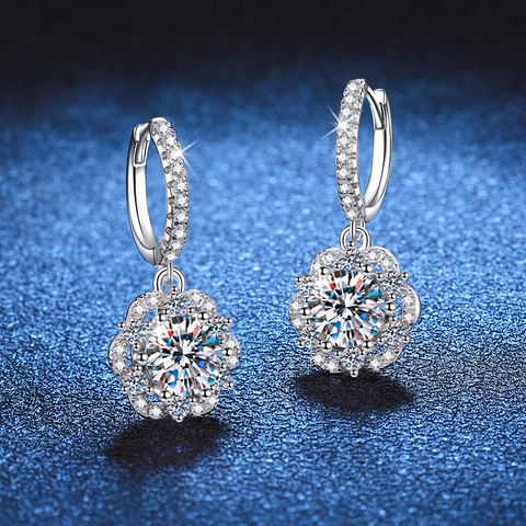 Pendientes de Gota de Flor de Plata de Ley 925 de Lujo para Mujer Moissanita Diamante de Imitación Boda Joyería Fina
