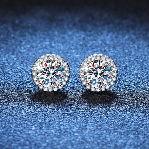 Pendientes de Botón de Plata de Ley 925 Moissanita Redondo Halo Moissanita Color D Pendientes Joyería Clásica Regalo Mujer