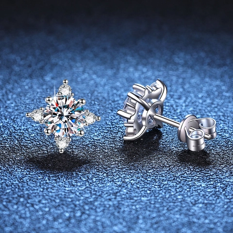 Pendientes de Botón de Plata de Ley S925 Moissanita Color D 1 Quilate Estrella de Ocho Puntas Copo de Nieve Mujer Joyería