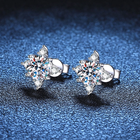 Pendientes de Botón de Plata de Ley S925 Moissanita Color D 1 Quilate Estrella de Ocho Puntas Copo de Nieve Mujer Joyería