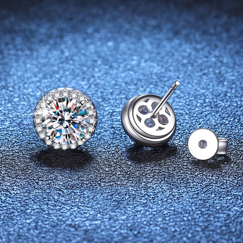 Pendientes de Botón de Plata de Ley 925 Moissanita Redondo Halo Moissanita Color D Pendientes Joyería Clásica Regalo Mujer