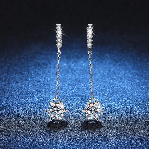 925 Sterling Silver Moissanite Tassel Drop Earrings For Women Elegant Six Prong Setting Sparkling Moissanite Stone D Color VVS1 Korean Style Jewelry For Wedding Party