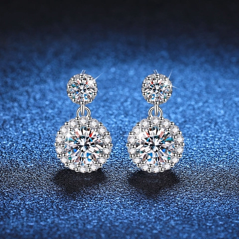 Pendientes de Gota de Moissanita de Plata de Ley S925 para Mujer Color D 1 Quilate Halo Pendientes de Botón Redondos Con Certificado GRA